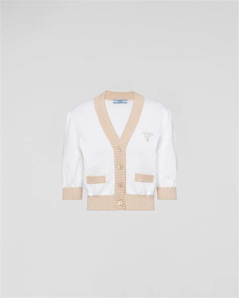 prada cropped cotton cardigan|Desert/white Cropped Cotton Cardigan .